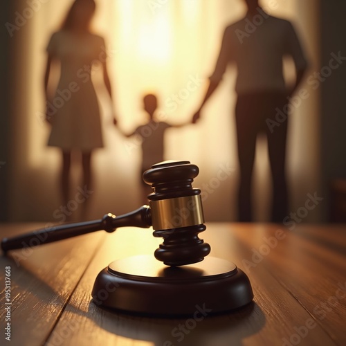 Gavel and silhouettes of parents with child in court
