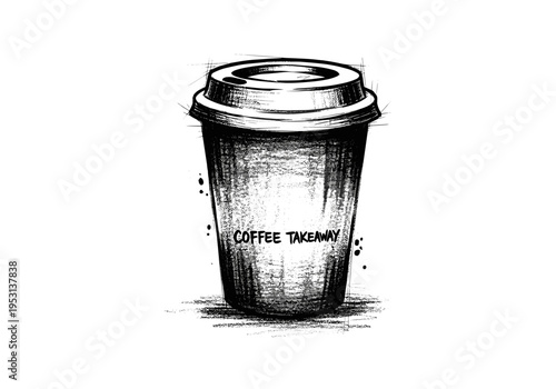 Hand drawn sketch of a coffee takeaway cup with lid and text "COFFEE TAKEAWAY"