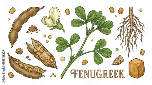 Botanical Fenugreek Plant Vector Illustration. Hand Drawn Spice Set with Leaves, Flower, Roots, Pods and Seeds. Vintage Engraving Style Graphic Elements for Culinary and Health Design.