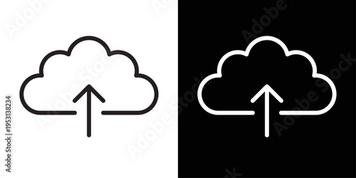 Minimal cloud upload design in a clean black and white stroke style, representing data upload, cloud storage, and online file transfer.