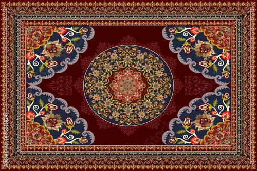 This image presents a traditional Persian carpet design featuring a symmetrical layout with a central medallion as the focal point.