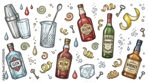 Vintage Hand Drawn Cocktail Bar Vector Set Featuring Whiskey Rum Gin and Vermouth Bottles with Shaker and Mixing Glass Illustration
