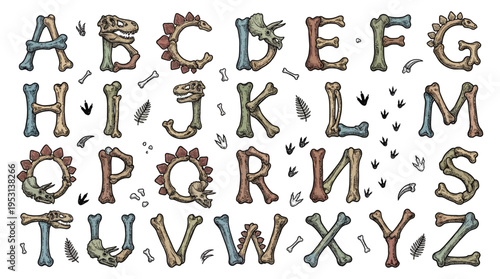 Prehistoric Dinosaur Alphabet Vector Illustration Featuring Letters Made of Fossilized Bones and Skulls