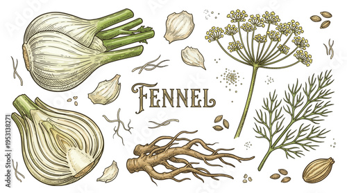 Fennel bulb flower seeds and root hand-drawn botanical illustration set. Vintage engraved style vector of Foeniculum vulgare herb and spice elements for food packaging and organic design.