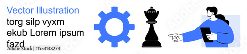 Business solutions, decision making, teamwork, planning, problem solving, leadership. Gear, chess piece person pointing with tablet. Business solutions and decision making concept