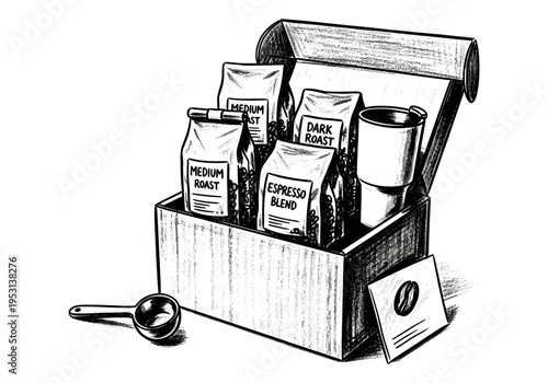 Assortment of coffee bags and a travel mug in an open box, ready for gifting