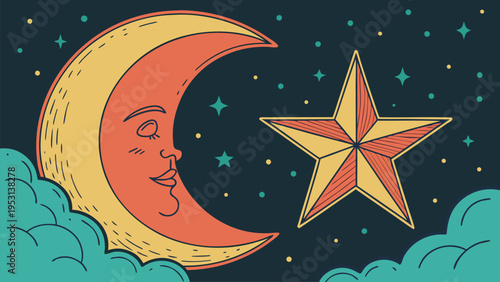 Night sky with crescent moon and star in dreamy style, perfect for bedtime themes, astrology design, spiritual content, and celestial visuals.