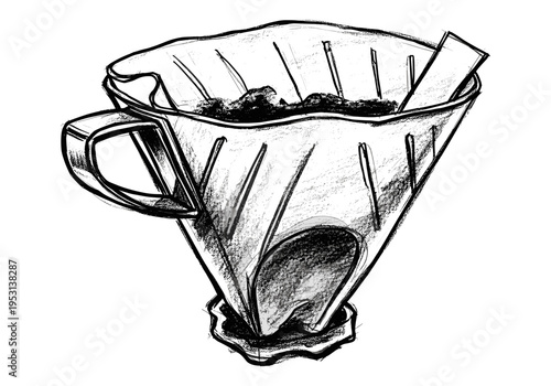 Hand-drawn sketch of a V60 coffee dripper with coffee grounds and filter paper