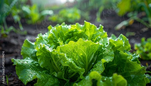 Fresh green cabbage head growing in the organic vegetable garden