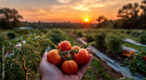 Handful of fresh tomatoes at sunset in a lush garden with rows of crops