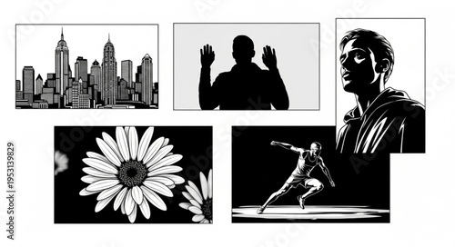 Black and white cityscape collage.