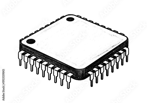 Close-up illustration of a black and white integrated circuit chip with many pins