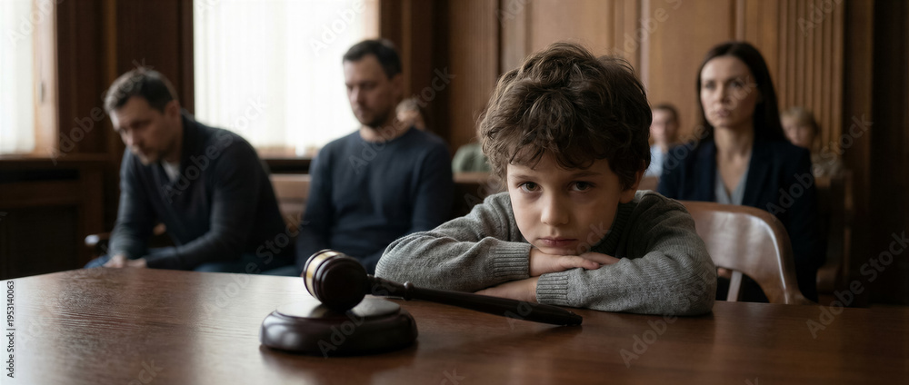 custom made wallpaper toronto digitalSad young boy sitting at a courtroom table with a judge gavel in front of him, legal custody battle concept