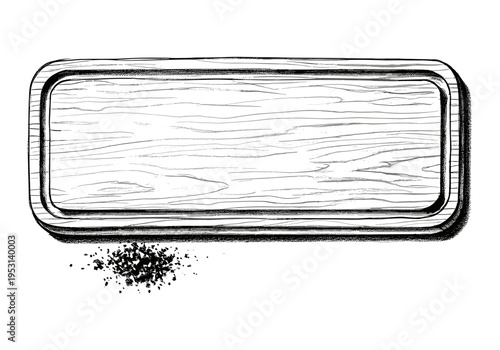 Hand-drawn illustration of a rustic wooden cutting board with a pile of coarse salt