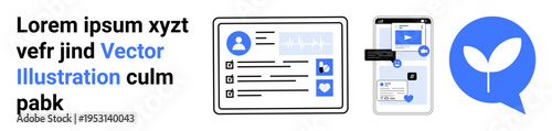Digital communication, user experience, interfaces, app design, online messaging, workflow management. Tablet with user details, mobile app with icons blue symbol with leaf. Digital communication
