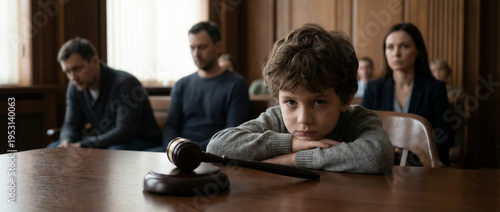 Wallpaper Mural Sad young boy sitting at a courtroom table with a judge gavel in front of him, legal custody battle concept Torontodigital.ca