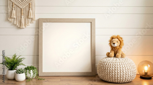 Wallpaper Mural Square wooden frame mockup on white wall with lion plush toy and plants in nursery room interior Torontodigital.ca