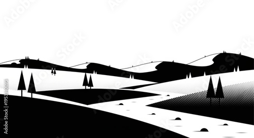 Black and white landscape illustration.