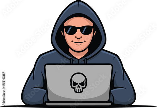 Cartoon Hacker with Hoodie and Sunglasses Using a Laptop with Skull Icon, Concept of Cybersecurity Threats, Digital Crime, Malicious Hacking, Data Theft, and Online Safety Vector Illustration
