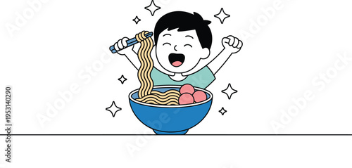 Cheerful Boy Eating a Bowl of Noodles with Chopsticks, Concept of Culinary Joy, Hearty Nutrition, Global Food Appreciation, Youthful Energy, and Simple Pleasure Vector Illustration