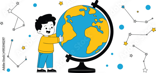 Cheerful Boy Embracing a Globe Surrounded by Constellations, Concept of Global Education, Scientific Curiosity, Earth Stewardship, and Youthful Discovery Vector Illustration