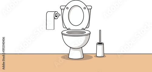Modern White Toilet with Open Lid, Toilet Paper, and Brush, Concept of Domestic Hygiene, Bathroom Sanitation, Essential Home Amenities, and Residential Plumbing Vector Illustration