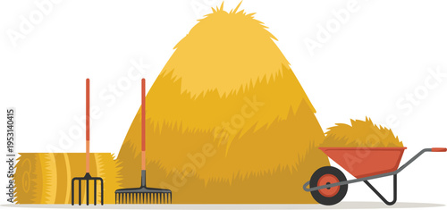 Large Haystack and Bales with Pitchfork, Rake, and Wheelbarrow, Concept of Traditional Agriculture, Autumn Harvest Bounty, Livestock Feed Management, and Sustainable Farming Vector Illustration