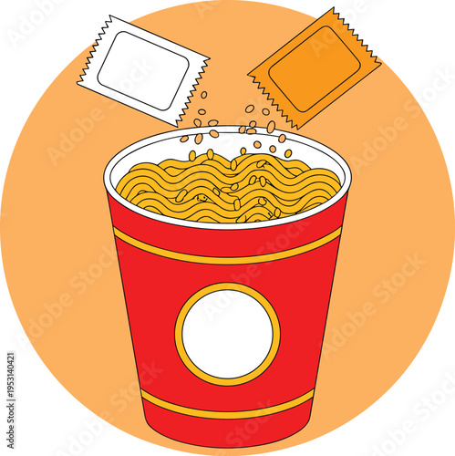 Red Cup of Instant Noodles with Seasoning Packets, Concept of Culinary Convenience, Ready-to-Eat Fast Food, Modern Urban Lifestyle, and Quick Snack Preparation Vector Illustration