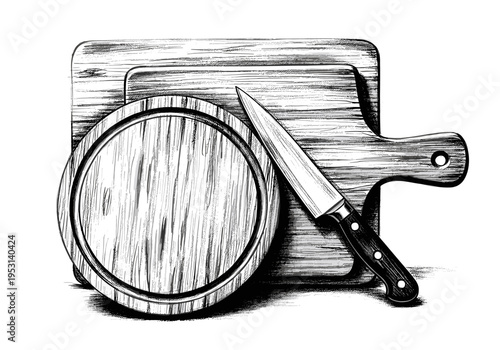 Sketchy illustration of a chef's knife resting on two wooden cutting boards