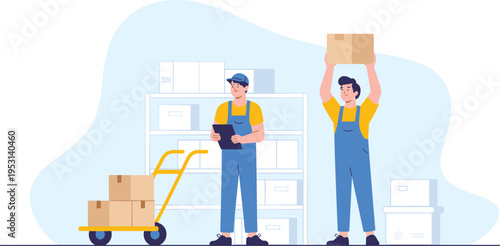 Two Warehouse Workers Managing Inventory with and Hand Truck, Concept of Supply Chain Efficiency, Distribution Center Logistics, Organized Storage, and Collaborative Manual Labor Vector Illustration