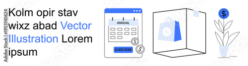 E-commerce, subscription models, business growth, online services, budgeting, digital purchases. Calendar for annual subscription, shopping bag and currency icons. E-commerce and subscription model
