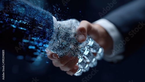 A human hand and a robotic hand grasp, symbolizing collaboration and artificial intelligence