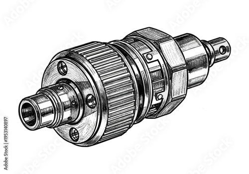 Detailed illustration of a complex mechanical component with intricate gears and shafts