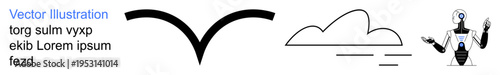Technology innovation, artificial intelligence, weather analysis, nature, data storage, futuristic design. A robot, cloud and bird in a minimalist style layout. Technology innovation and artificial