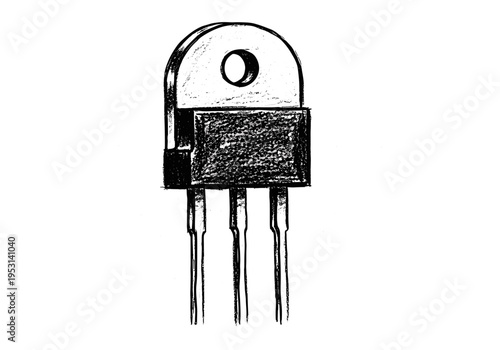 Hand-drawn illustration of a TO-220 package transistor with three leads and a mounting hole