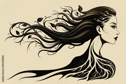 surreal feminine side profile formed by intertwining vines and leaves