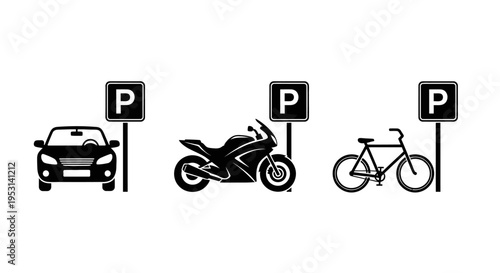 parking icons for car motorcycle and bicycle with dedicated parking signs illustrating various vehicle parking options and urban mobility.