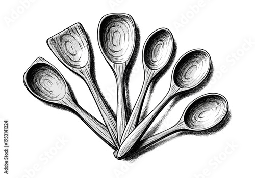 Collection of wooden spoons and spatulas arranged in a fan shape, hand-drawn illustration