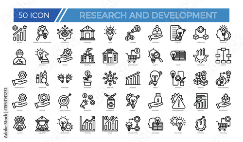Research and Development Outline Icons Set for Science Innovation Technology Laboratory Experiment and Business R&D