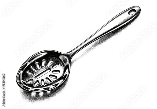 Detailed illustration of a slotted serving spoon with a hole in the handle on a white background
