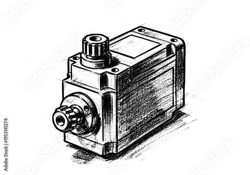 Detailed sketch of a mechanical servo motor with a ribbed adjustment knob and output shaft