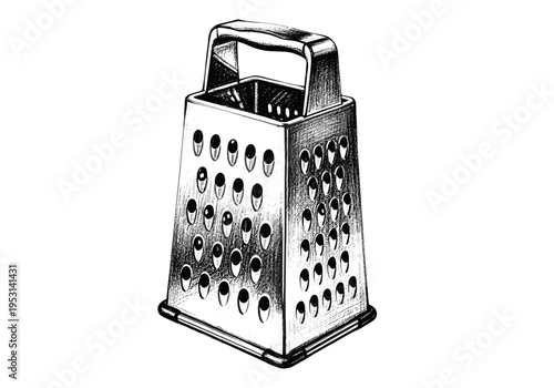 Detailed illustration of a classic stainless steel kitchen grater