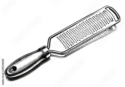 Detailed illustration of a stainless steel grater with a comfortable handle on a white background