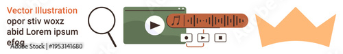 Digital tools, media streaming, content discovery, search functionality, music playback, royalty concept. A magnifying glass, playback interface and crown icon. s digital tools and media streaming