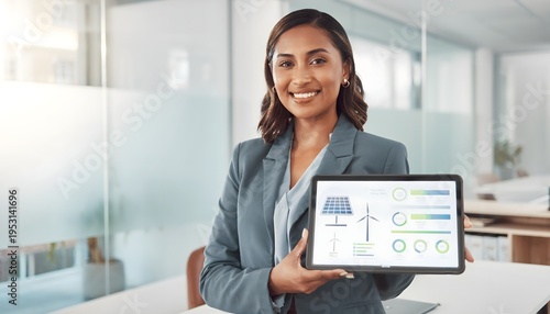 Businesswoman in suit showing a tablet with renewable energy diagram and statistics, smiling in office, wind turbine high quality image