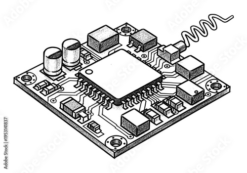 Detailed isometric illustration of a complex electronic circuit board with a central processor and various components