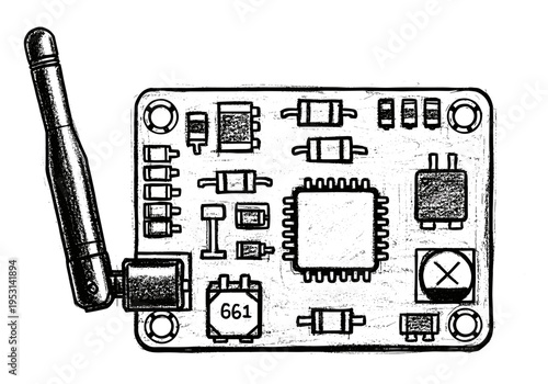 Hand-drawn illustration of a complex electronic circuit board with an antenna