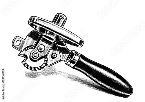 Classic manual can opener with a black handle and shiny metal cutting mechanism