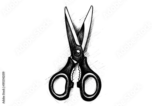Hand-drawn sketch of open scissors with textured shading on a white background