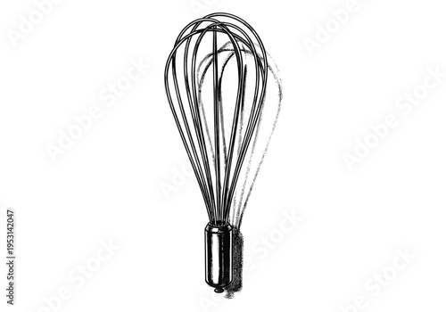 Classic kitchen whisk with a shadow, isolated on a white background, black and white illustration